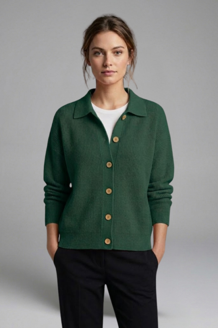 Women's Collared Button-Front Cardigan – Knitted Long Sleeve Hip-Length Layer