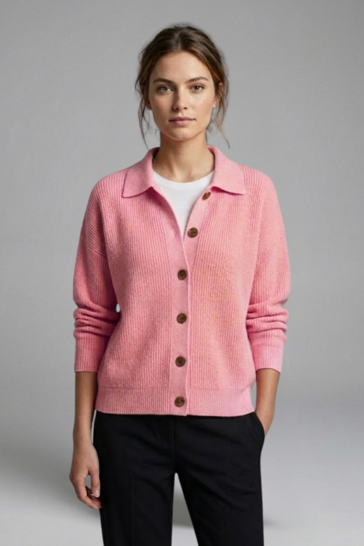 Women's Collared Button-Front Cardigan – Knitted Long Sleeve Hip-Length Layer