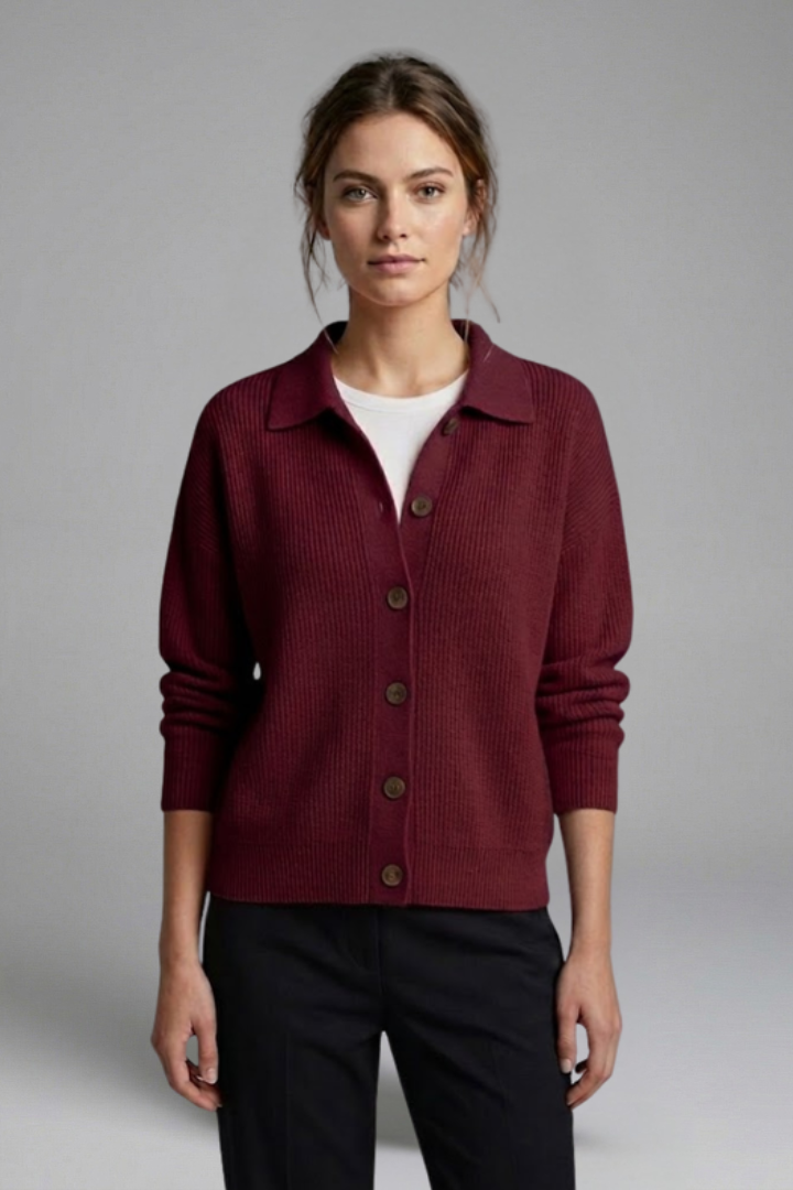 Women's Collared Button-Front Cardigan – Knitted Long Sleeve Hip-Length Layer