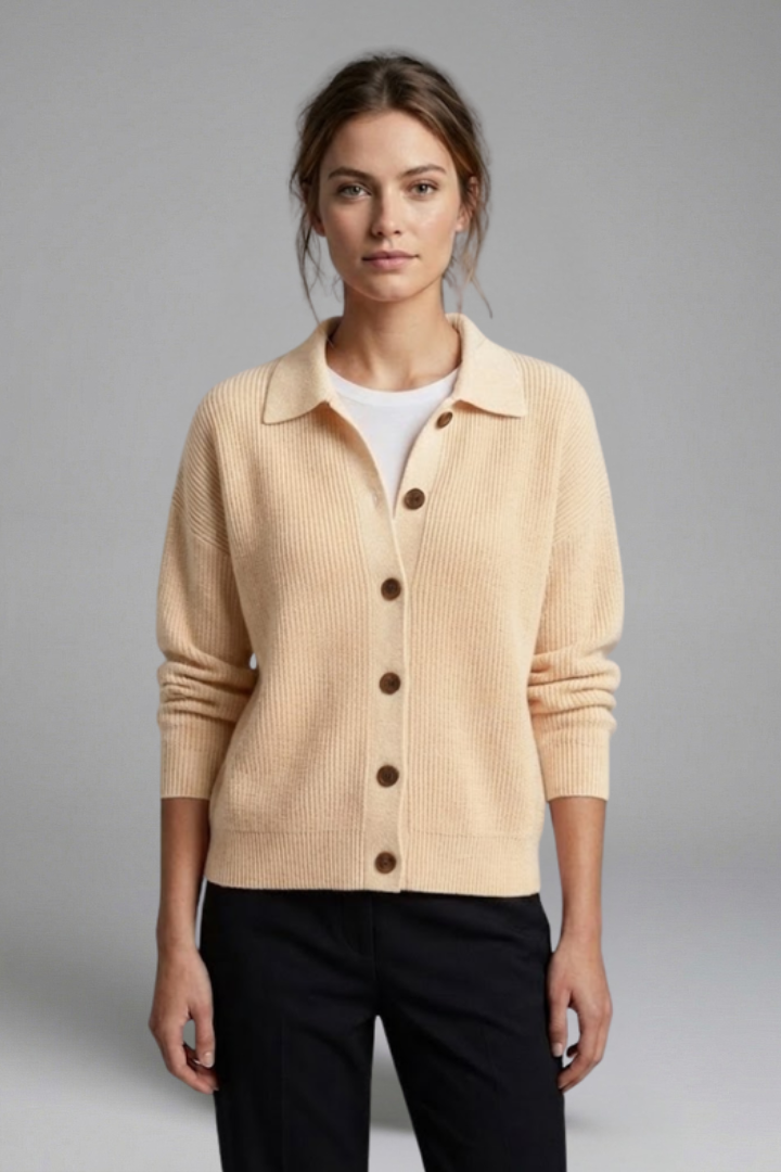 Women's Collared Button-Front Cardigan – Knitted Long Sleeve Hip-Length Layer
