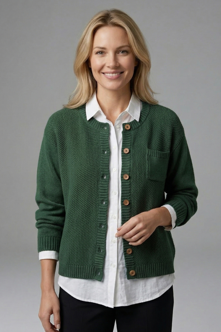 Women's Textured Knit Button-Up Cardigan with Chest Pocket & Ribbed Cuffs – Layering Knit
