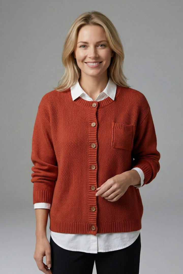 Women's Textured Knit Button-Up Cardigan with Chest Pocket & Ribbed Cuffs – Layering Knit