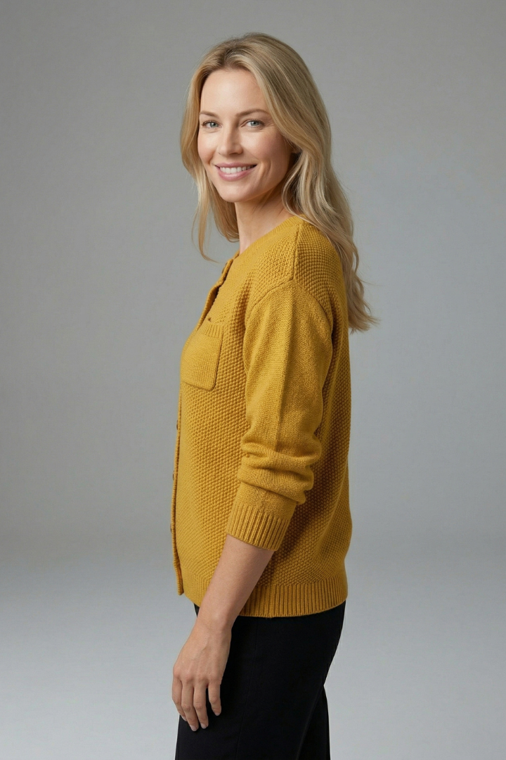 Women's Textured Knit Button-Up Cardigan with Chest Pocket & Ribbed Cuffs – Layering Knit