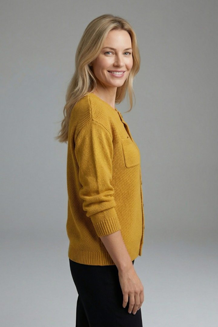Women's Textured Knit Button-Up Cardigan with Chest Pocket & Ribbed Cuffs – Layering Knit