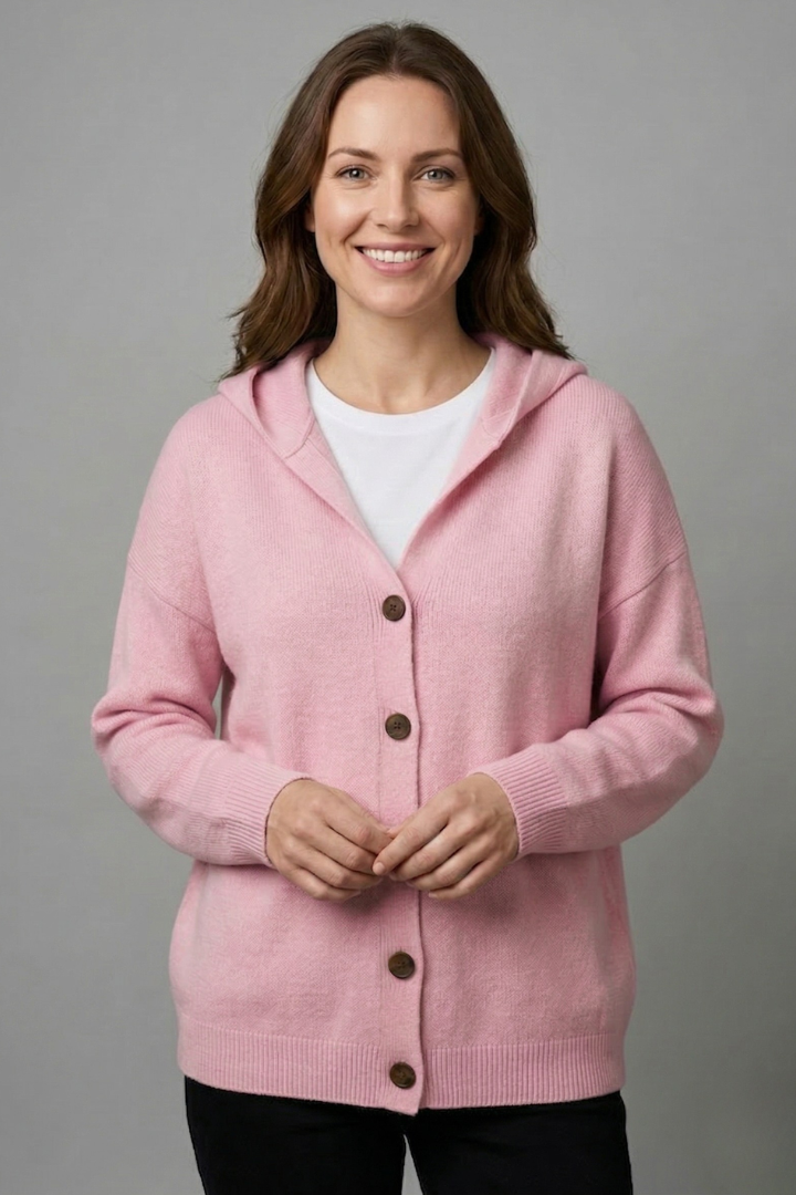 Women's Hooded Ribbed Cardigan with Button Front & Long Sleeves – Relaxed Layering Knit