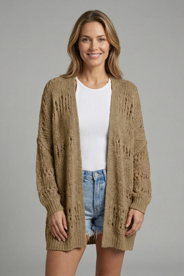Women's Open Front Knit Cardigan with Long Sleeves – Lightweight Layering for Cool Evenings
