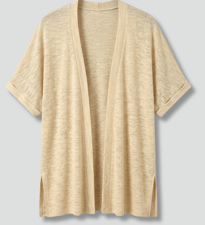 Women's Open Front Short Sleeve Cardigan with Side Slits – Hip Length Summer Layering Top