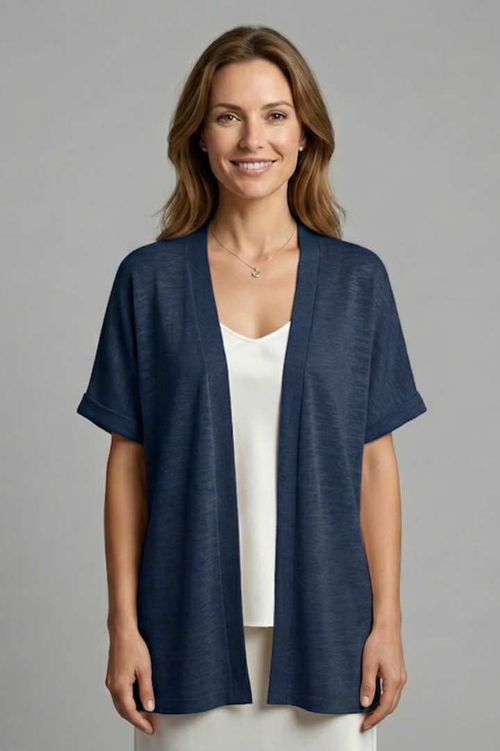 Women's Open Front Short Sleeve Cardigan with Side Slits – Hip Length Summer Layering Top