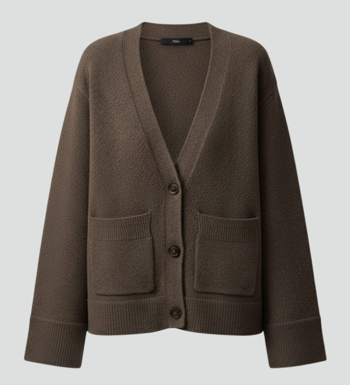 Women's V-Neck Button Cardigan with Patch Pockets & Ribbed Trim – Classic Knit Layer
