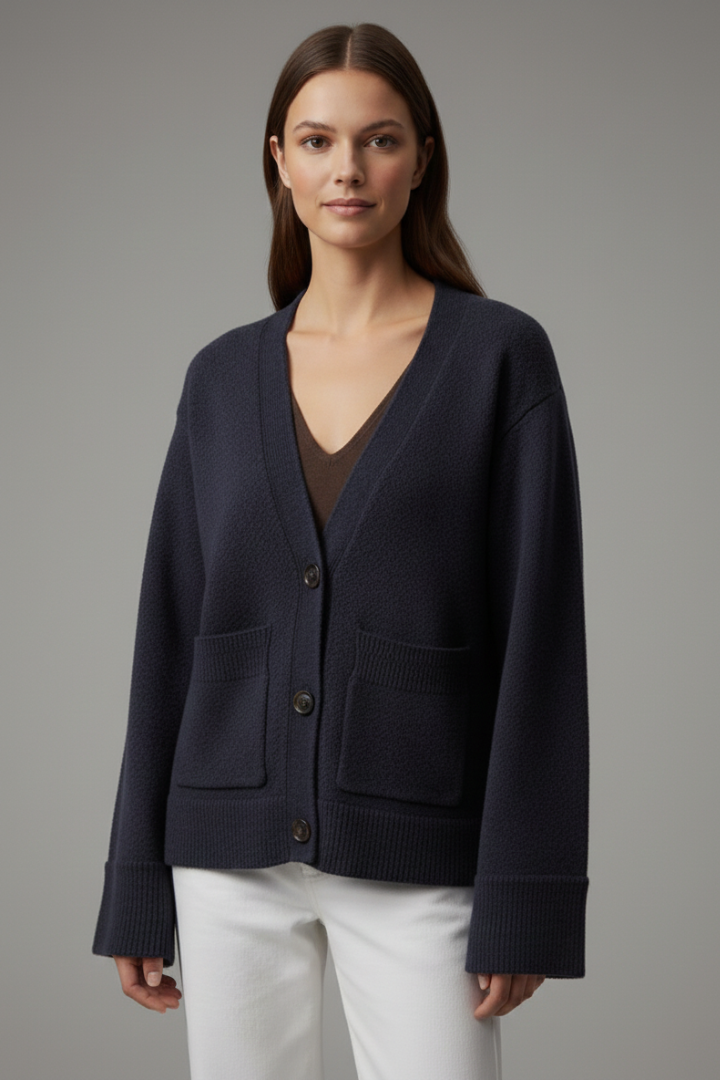 Women's V-Neck Button Cardigan with Patch Pockets & Ribbed Trim – Classic Knit Layer