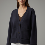 Women's V-Neck Button Cardigan with Patch Pockets & Ribbed Trim – Classic Knit Layer