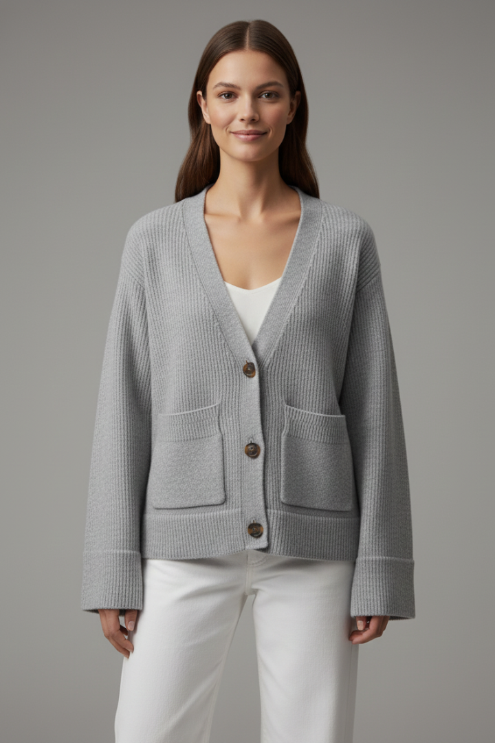 Women's V-Neck Button Cardigan with Patch Pockets & Ribbed Trim – Classic Knit Layer