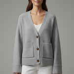 Women's V-Neck Button Cardigan with Patch Pockets & Ribbed Trim – Classic Knit Layer