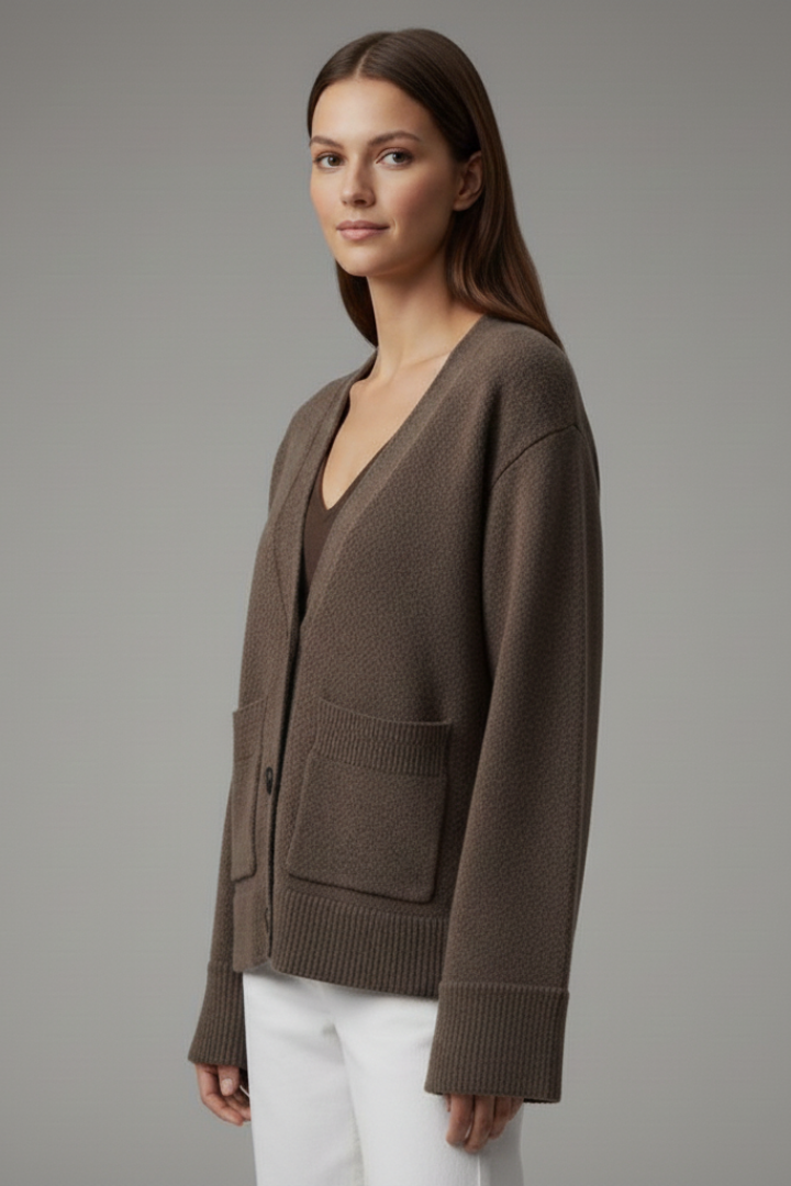 Women's V-Neck Button Cardigan with Patch Pockets & Ribbed Trim – Classic Knit Layer