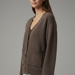 Women's V-Neck Button Cardigan with Patch Pockets & Ribbed Trim – Classic Knit Layer
