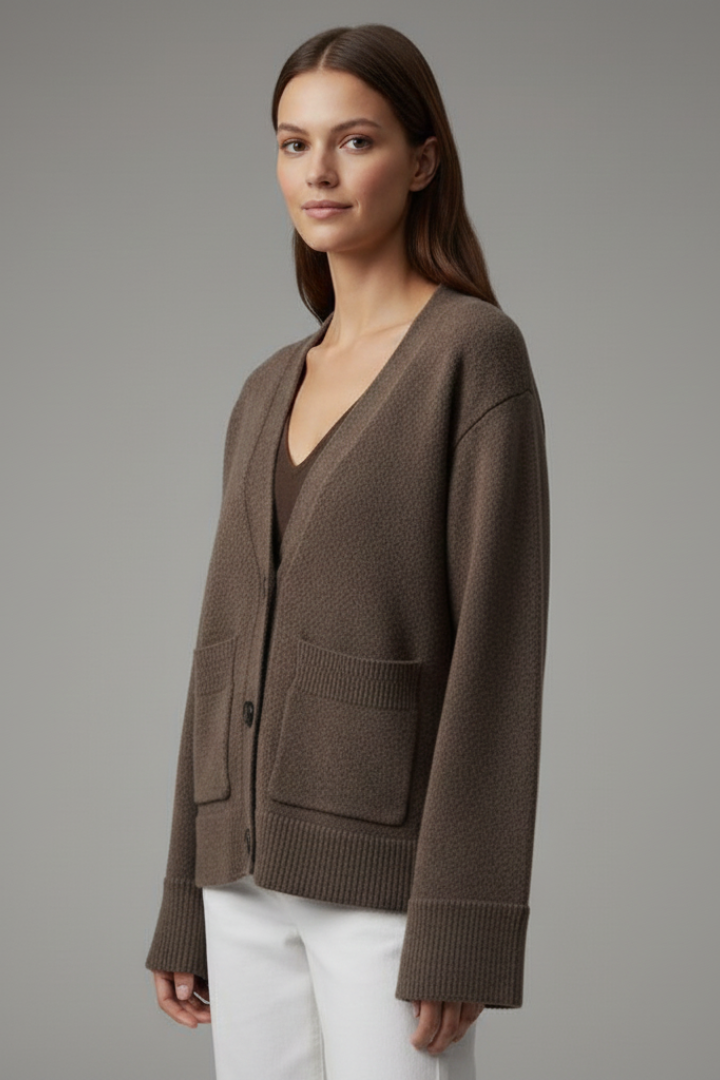 Women's V-Neck Button Cardigan with Patch Pockets & Ribbed Trim – Classic Knit Layer