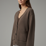 Women's V-Neck Button Cardigan with Patch Pockets & Ribbed Trim – Classic Knit Layer