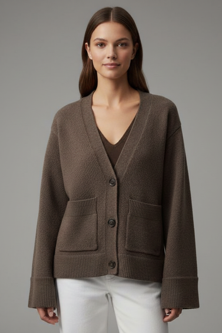 Women's V-Neck Button Cardigan with Patch Pockets & Ribbed Trim – Classic Knit Layer
