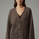 Women's V-Neck Button Cardigan with Patch Pockets & Ribbed Trim – Classic Knit Layer