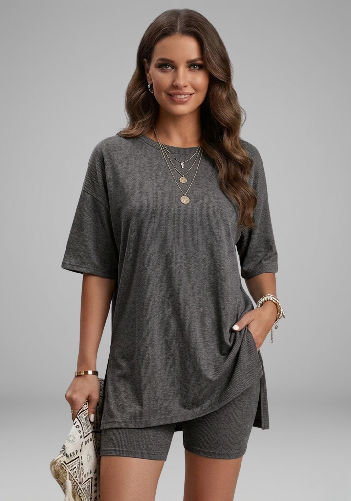 Women's Two-Piece Set with Oversized Round-Neck Top & Biker Shorts – Casual Matching Lounge Set