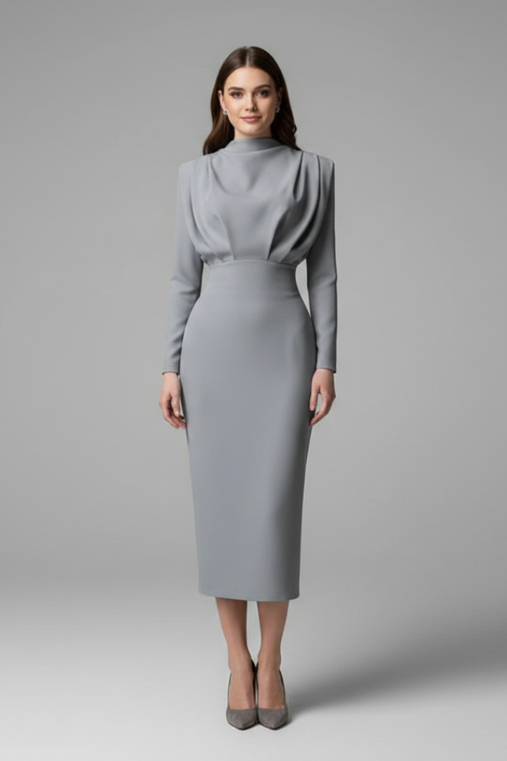 Women's Long Sleeve Mini Dress with High Neckline & Flared Skirt – Cocktail & Evening Dress