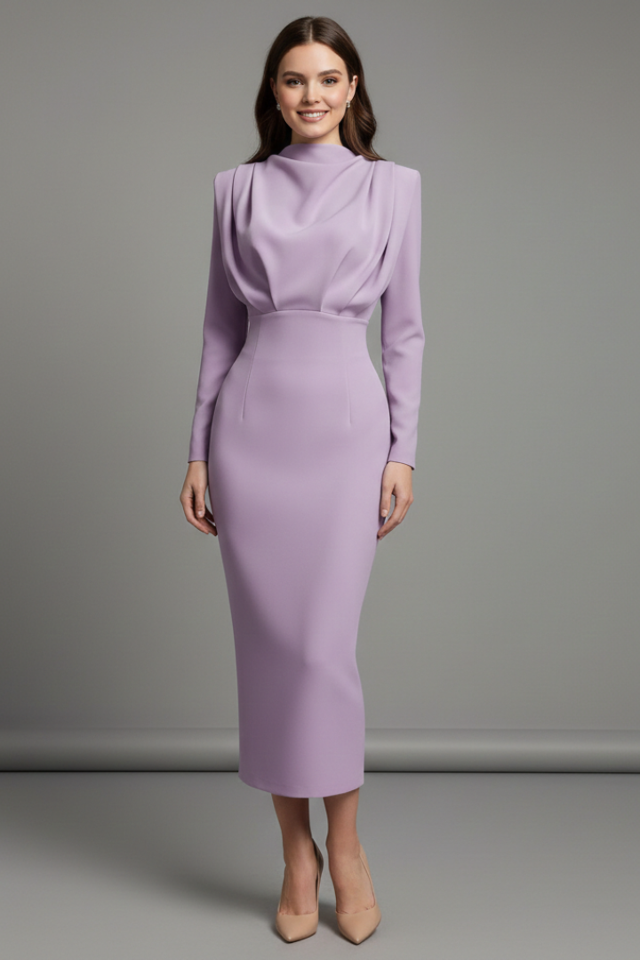 Women's Long Sleeve Mini Dress with High Neckline & Flared Skirt – Cocktail & Evening Dress