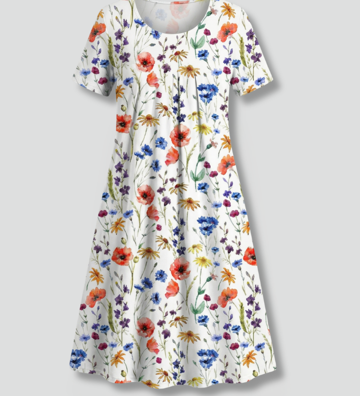 Women's Round Neck Short Sleeve Dress with Pockets & Flared Hem – Knee-Length Summer Dress