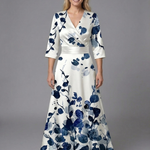 Women's Floral Print Wrap V-Neck Long Dress with Three-Quarter Sleeves – Spring Day Dress