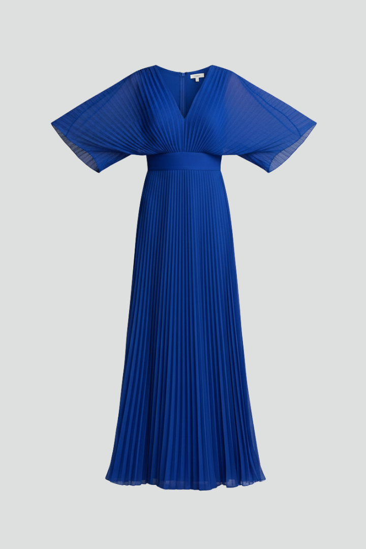 Women's Pleated Maxi Dress with V-Neck & Long Sleeves – Wrap-Front Occasion Dress