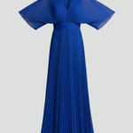 Women's Pleated Maxi Dress with V-Neck & Long Sleeves – Wrap-Front Occasion Dress