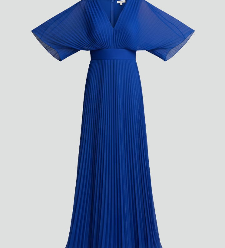 Women's Pleated Maxi Dress with V-Neck & Long Sleeves – Wrap-Front Occasion Dress