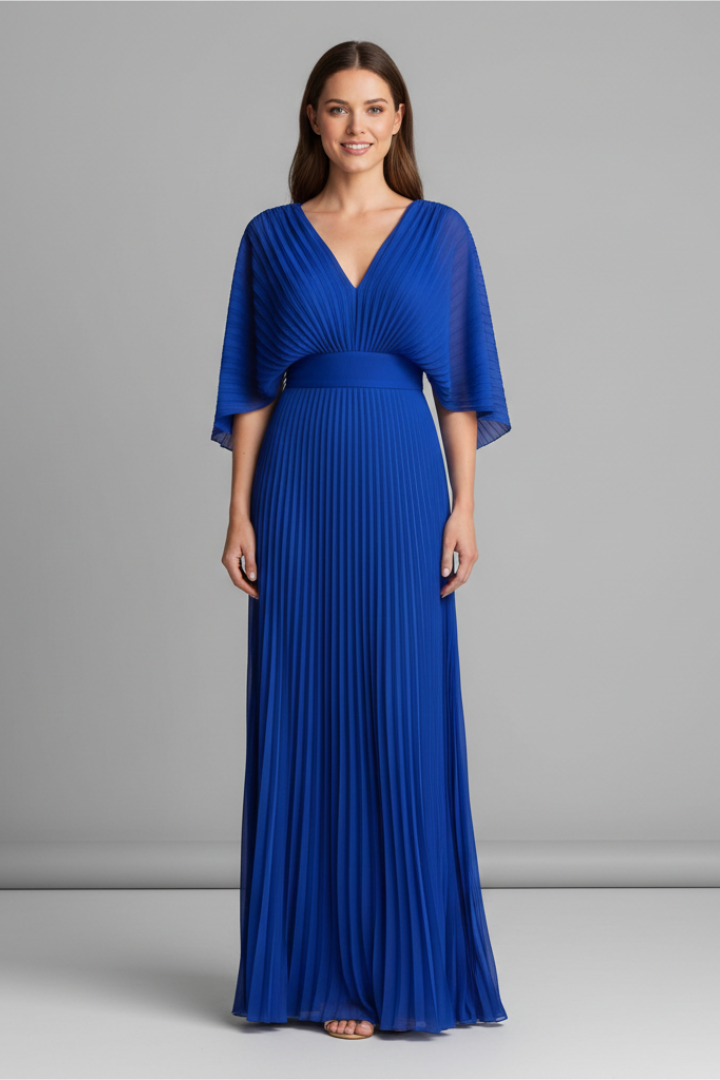 Women's Pleated Maxi Dress with V-Neck & Long Sleeves – Wrap-Front Occasion Dress