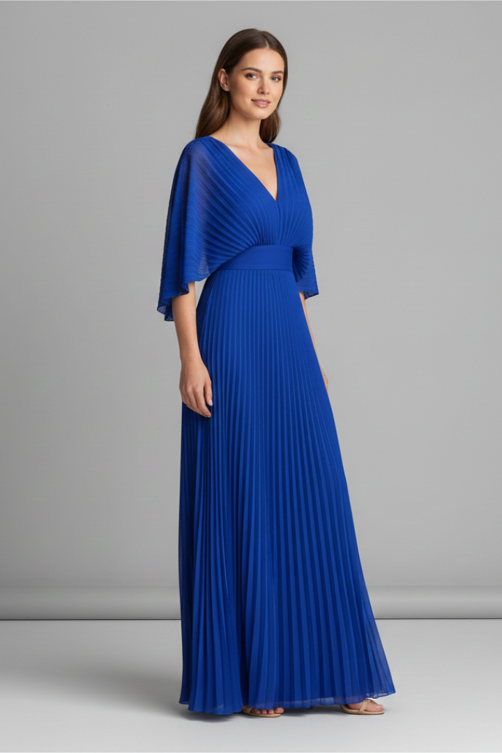 Women's Pleated Maxi Dress with V-Neck & Long Sleeves – Wrap-Front Occasion Dress