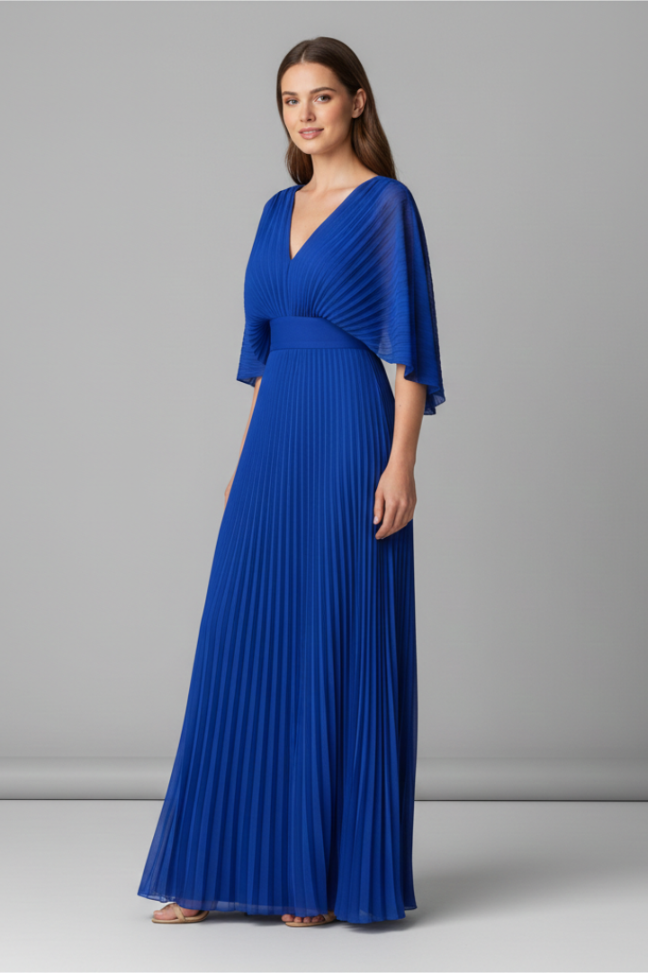 Women's Pleated Maxi Dress with V-Neck & Long Sleeves – Wrap-Front Occasion Dress