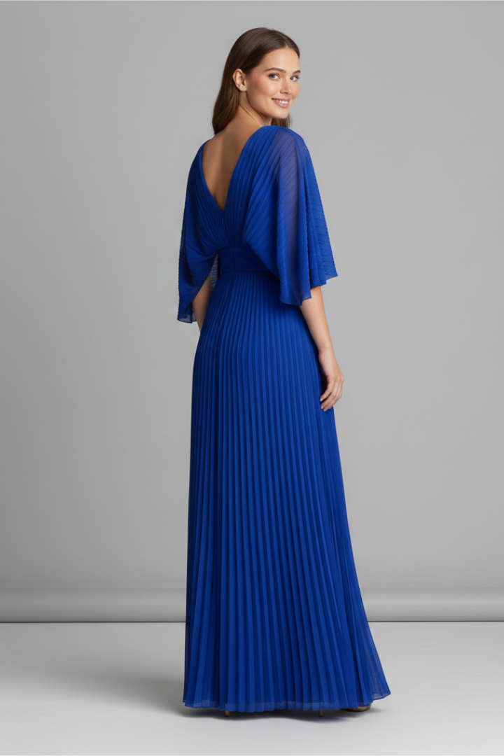 Women's Pleated Maxi Dress with V-Neck & Long Sleeves – Wrap-Front Occasion Dress