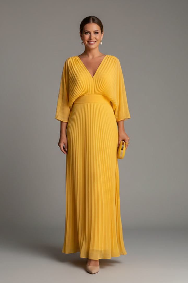 Women's Pleated Maxi Dress with V-Neck & Long Sleeves – Wrap-Front Occasion Dress