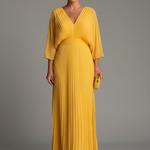 Women's Pleated Maxi Dress with V-Neck & Long Sleeves – Wrap-Front Occasion Dress