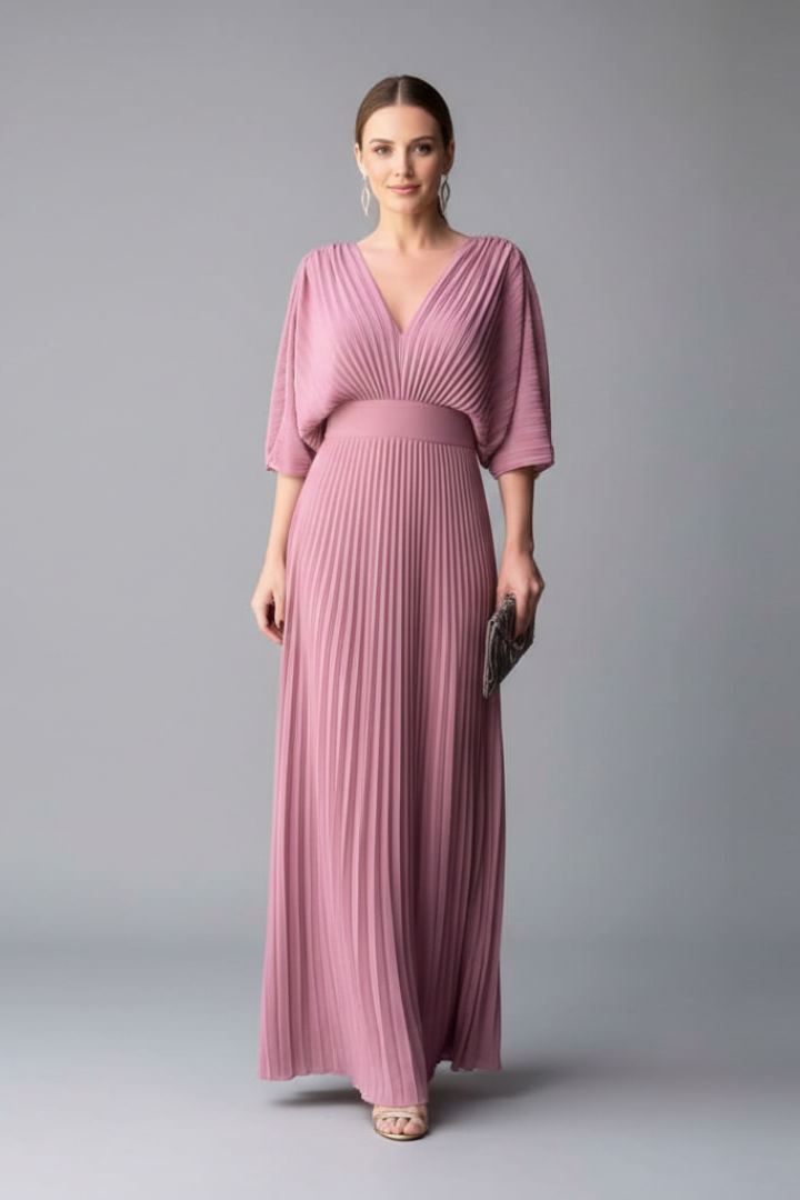 Women's Pleated Maxi Dress with V-Neck & Long Sleeves – Wrap-Front Occasion Dress