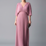 Women's Pleated Maxi Dress with V-Neck & Long Sleeves – Wrap-Front Occasion Dress