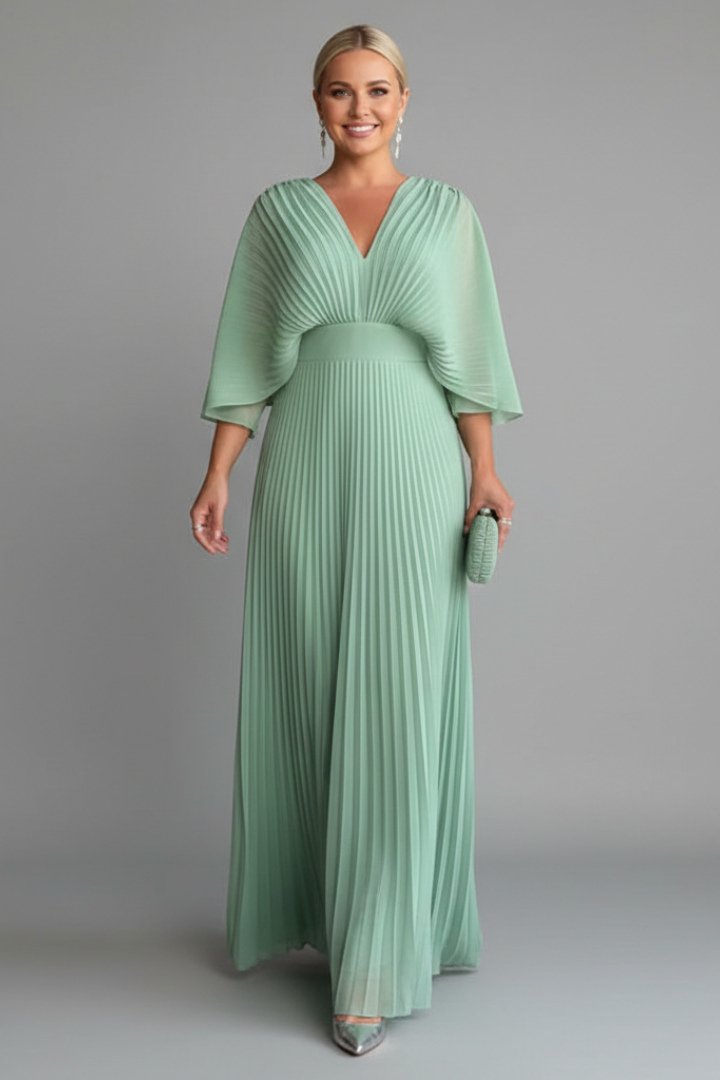 Women's Pleated Maxi Dress with V-Neck & Long Sleeves – Wrap-Front Occasion Dress