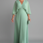 Women's Pleated Maxi Dress with V-Neck & Long Sleeves – Wrap-Front Occasion Dress