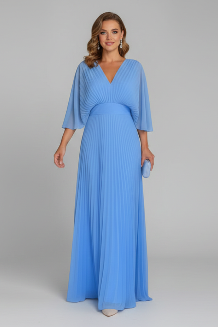 Women's Pleated Maxi Dress with V-Neck & Long Sleeves – Wrap-Front Occasion Dress