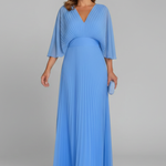 Women's Pleated Maxi Dress with V-Neck & Long Sleeves – Wrap-Front Occasion Dress