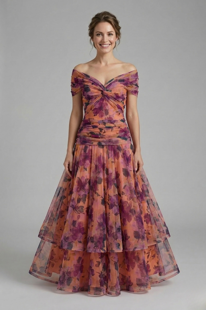 Women's V-Neck Maxi Dress with Draped Bodice & Sheer Short Sleeves – Wedding Guest & Summer