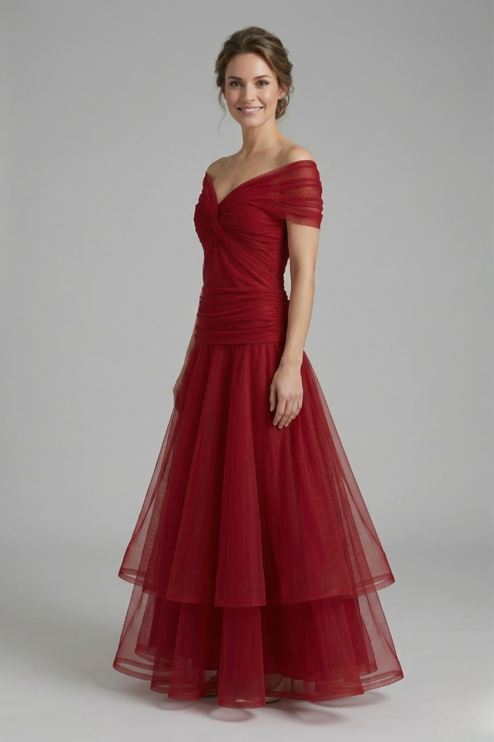 Women's V-Neck Maxi Dress with Draped Bodice & Sheer Short Sleeves – Wedding Guest & Summer
