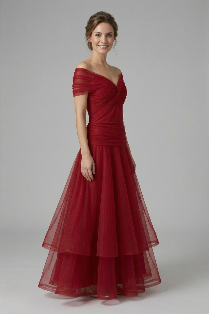 Women's V-Neck Maxi Dress with Draped Bodice & Sheer Short Sleeves – Wedding Guest & Summer