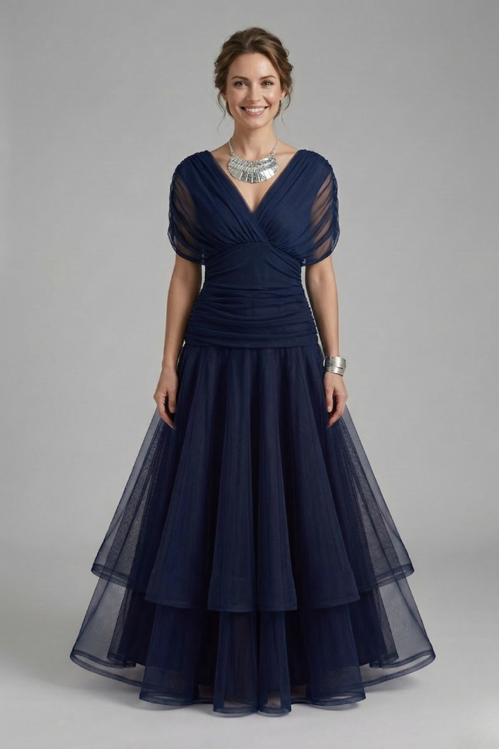 Women's V-Neck Maxi Dress with Draped Bodice & Sheer Short Sleeves – Wedding Guest & Summer