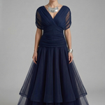 Women's V-Neck Maxi Dress with Draped Bodice & Sheer Short Sleeves – Wedding Guest & Summer