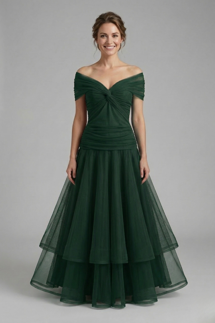 Women's V-Neck Maxi Dress with Draped Bodice & Sheer Short Sleeves – Wedding Guest & Summer