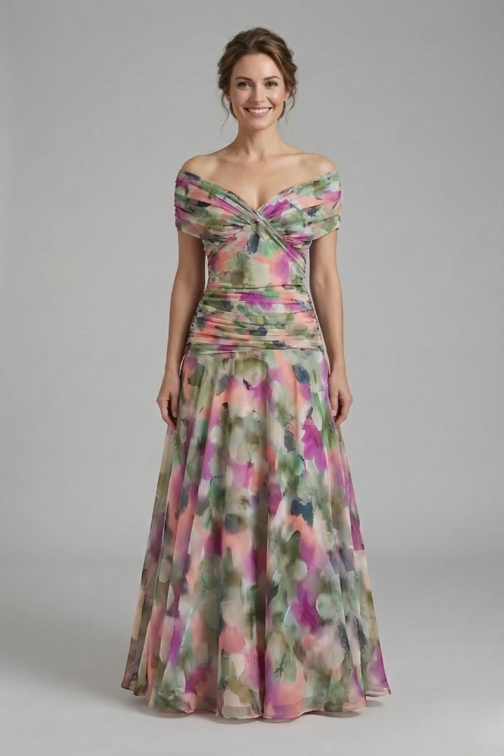 Women's V-Neck Maxi Dress with Draped Bodice & Sheer Short Sleeves – Wedding Guest & Summer